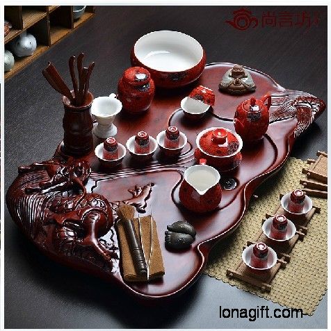 青冈木红釉陶瓷茶具